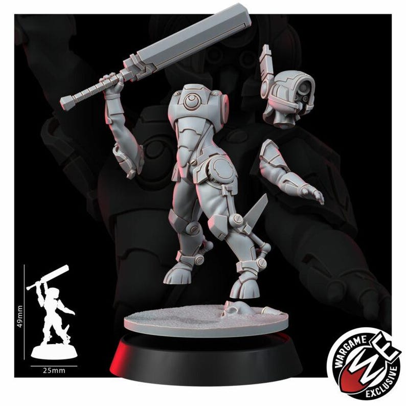 May include: A light gray resin miniature of a futuristic warrior figure with a detached head and arm, holding a large rectangular blade. The figure stands on a circular base. A small diagram shows the total height is 49mm and the base is 25mm.