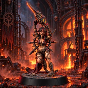 Op de afbeelding: Een miniatuurfiguur van een krijger met donker haar, gekleed in een zwart lederachtig harnas en een schedelriem, die een groot mechanisch kettingzaagwapen boven het hoofd houdt. Het figuur heeft een stekelige, cirkelvormige rugversiering.