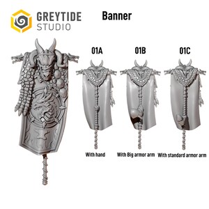 May include: A grey miniature banner featuring a dragon head crest, scale textures, and a circular dragon emblem. The set includes three variations labeled 01A with hand, 01B with big armor arm, and 01C with standard armor arm, all by Greytide Studio.