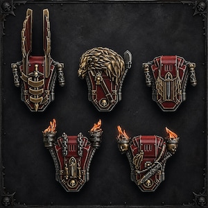 May include: Five miniature armour shoulder pads in deep red with metallic gold and silver detailing. Each piece features distinct relief sculptures including wings, a lion head, a sword, skulls, chains, and flaming torches on the lower two pieces.