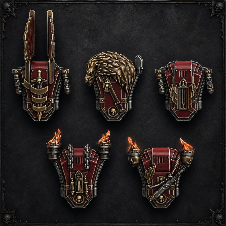 May include: Five miniature armour shoulder pads in deep red with metallic gold and silver detailing. Each piece features distinct relief sculptures including wings, a lion head, a sword, skulls, chains, and flaming torches on the lower two pieces.