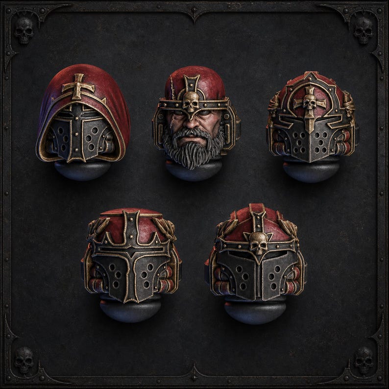 May include: A set of five miniature helmet heads for gaming figures, featuring dark metallic grey faceplates with circular perforations and deep red accents. One head is hooded, one is bare-faced with a beard, and three feature skull motifs.
