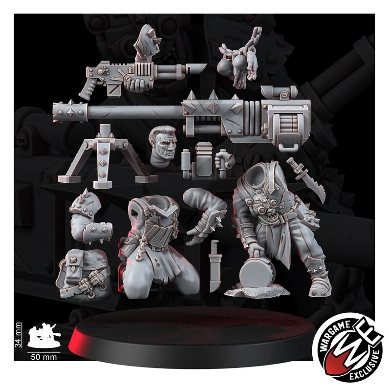 May include: A grey resin miniature model kit featuring a soldier figure, a large spiked heavy weapon, a tripod, a separate head, a knife, and various armor components. A diagram shows a 34 mm height and 50 mm base width for the assembled figure.