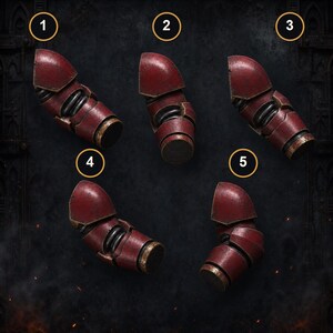 May include: Five individual red armor arm components labeled with numbers one through five. Each piece features a curved shoulder section, a segmented mid-section with visible dark metallic coils, and a cylindrical lower arm ending in a flat base.
