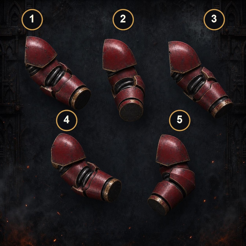 May include: Five individual red armor arm components labeled with numbers one through five. Each piece features a curved shoulder section, a segmented mid-section with visible dark metallic coils, and a cylindrical lower arm ending in a flat base.