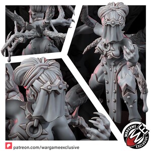 May include: A gray resin miniature figure featuring a character with a veiled headpiece, spiked armor plating, and multiple clawed appendages extending from the back. The figure displays intricate sculpted details, including a central chest emblem and a dynamic pose with sharp, elongated fingers, presented in a multi-view composition.