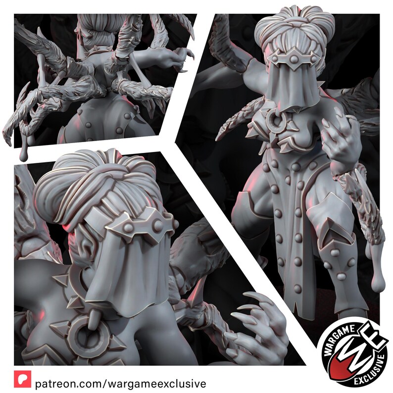 May include: A gray resin miniature figure featuring a character with a veiled headpiece, spiked armor plating, and multiple clawed appendages extending from the back. The figure displays intricate sculpted details, including a central chest emblem and a dynamic pose with sharp, elongated fingers, presented in a multi-view composition.