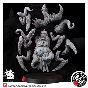 May include: A grey resin miniature kit featuring a central torso with a helmeted head and multiple detached limbs, including clawed arms and tentacle-like appendages. The kit includes a 40 mm base and a diagram showing a 48 mm total height.