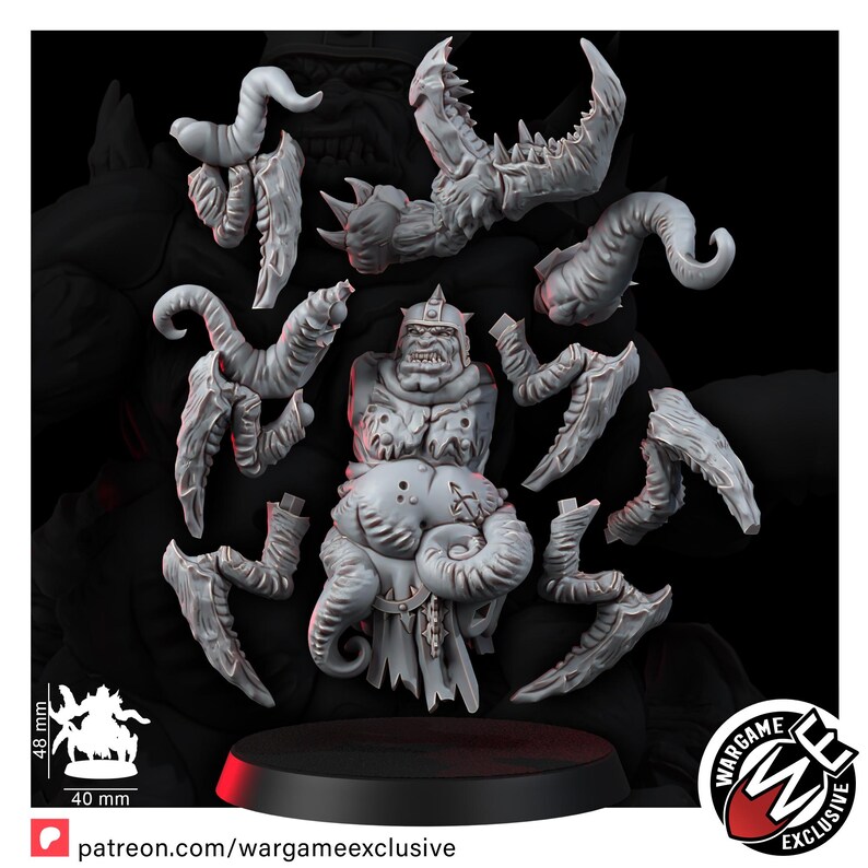 May include: A grey resin miniature kit featuring a central torso with a helmeted head and multiple detached limbs, including clawed arms and tentacle-like appendages. The kit includes a 40 mm base and a diagram showing a 48 mm total height.