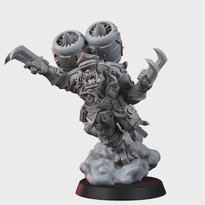 May include: A gray unpainted miniature figure of an orc wearing a military-style cap and uniform, equipped with a large jetpack featuring two prominent turbines on the back. The figure has sharp claws on both hands and is mounted on a cloud base.