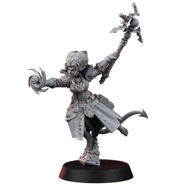 May include: A gray unpainted miniature figure of a humanoid character with a tail, wearing armor and a long coat. The figure holds a staff in one raised hand and has a swirling energy effect in the other, standing on a black circular base.