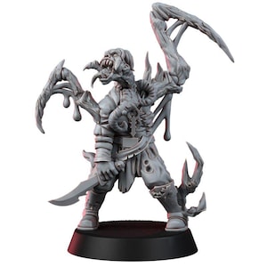 May include: A grey unpainted miniature figure of a mutated humanoid creature with a wide, toothy maw, multiple elongated limbs, and a sharp blade held in one hand. The figure stands on a circular black base, featuring organic, dripping textures and a tattered garment.
