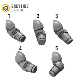 May include: Five grey miniature arm components labeled one through five, each featuring a rounded shoulder pad and a segmented forearm piece. The Greytide Studio logo is visible in the top left corner of the image, displaying the brand name.