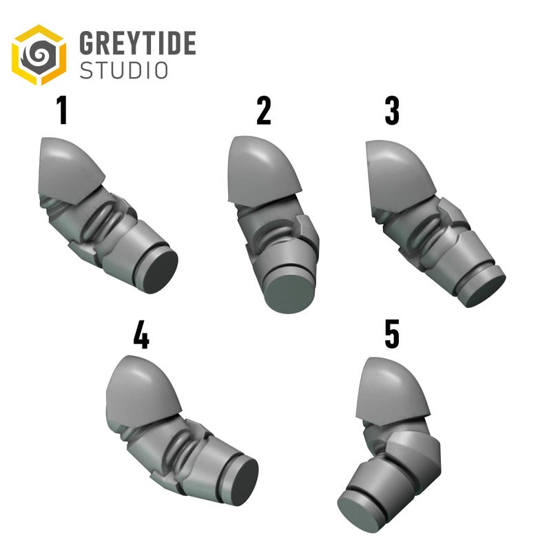 May include: Five grey miniature arm components labeled one through five, each featuring a rounded shoulder pad and a segmented forearm piece. The Greytide Studio logo is visible in the top left corner of the image, displaying the brand name.