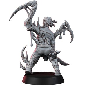 May include: A grey unpainted miniature figure of a humanoid creature with elongated, claw-like appendages extending from its back and arms. The figure stands on a circular black base, featuring textured, organic-looking growths on its torso.
