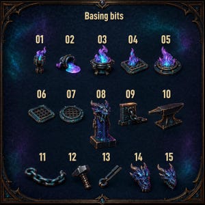 May include: A collection of fifteen miniature basing bits labeled 01 through 15, featuring fantasy-themed items like purple flames, metal grates, a dragon statue, an anvil, a hammer, chains, and dragon heads with a dark metallic finish.