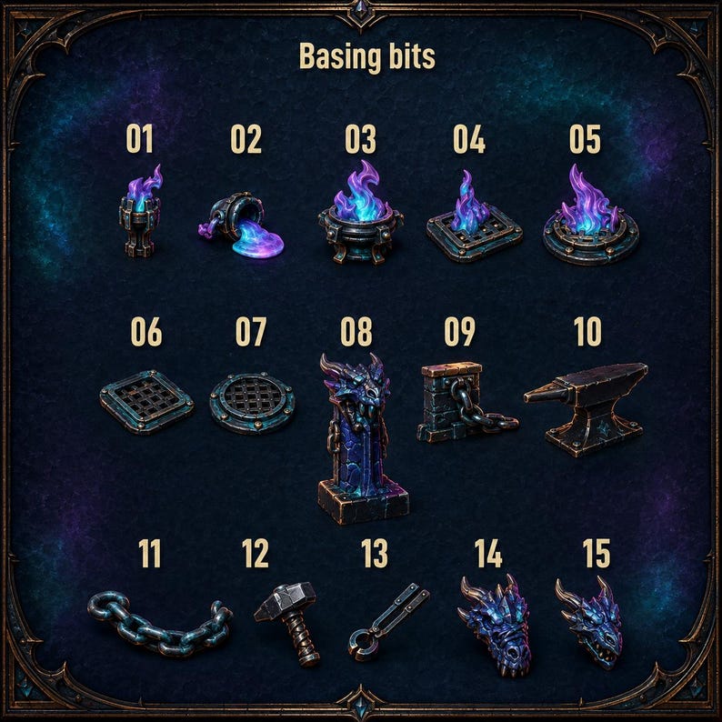 May include: A collection of fifteen miniature basing bits labeled 01 through 15, featuring fantasy-themed items like purple flames, metal grates, a dragon statue, an anvil, a hammer, chains, and dragon heads with a dark metallic finish.