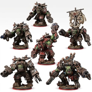 May include: Five green-skinned orc miniatures in heavy, rusted metal armor. Each figure features mechanical attachments, including buzzsaws, cannons, and exhaust pipes. One figure carries a large, tattered banner on a pole. All stand on round bases.