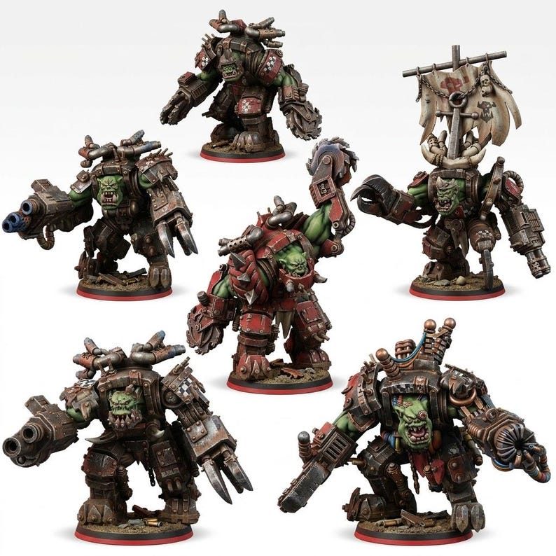 May include: Five green-skinned orc miniatures in heavy, rusted metal armor. Each figure features mechanical attachments, including buzzsaws, cannons, and exhaust pipes. One figure carries a large, tattered banner on a pole. All stand on round bases.