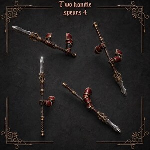 May include: Four miniature spears with metallic silver blades and dark red and gold armor accents on the handles. Each spear features a detailed shaft with a twisted grip and a gauntlet-style hand piece. The text Two handle spears 4 is at the top.