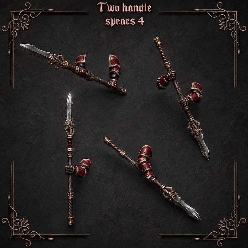 May include: Four miniature spears with metallic silver blades and dark red and gold armor accents on the handles. Each spear features a detailed shaft with a twisted grip and a gauntlet-style hand piece. The text Two handle spears 4 is at the top.