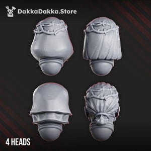 May include: Four grey miniature resin heads with the text DakkaDakka.Store and 4 HEADS visible. Each head features a sculpted crown of thorns resting atop various hairstyles, including smooth surfaces and textured hair tied in a small bun at the nape.