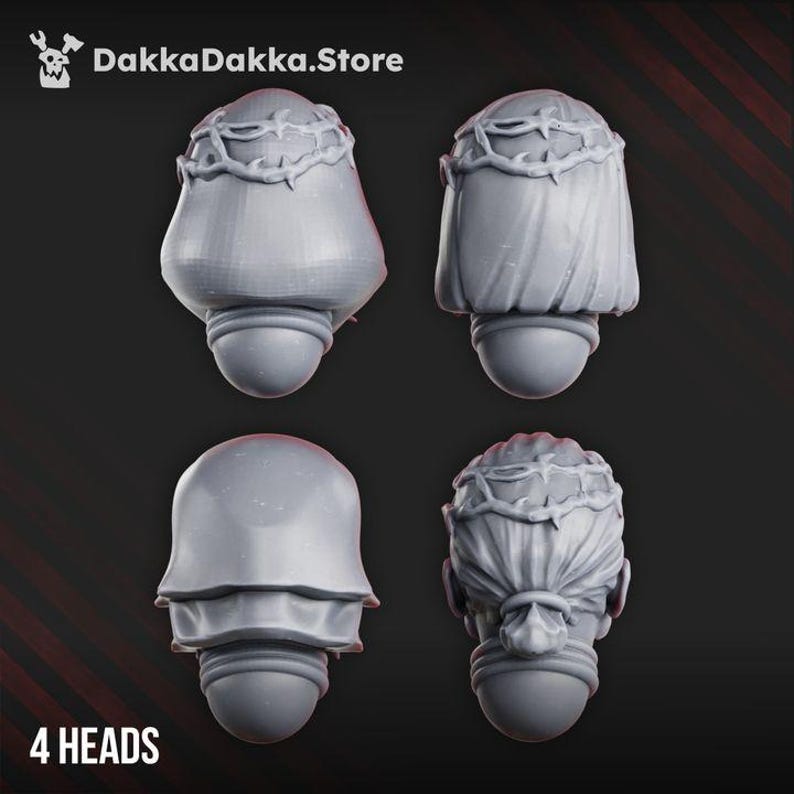 May include: Four grey miniature resin heads with the text DakkaDakka.Store and 4 HEADS visible. Each head features a sculpted crown of thorns resting atop various hairstyles, including smooth surfaces and textured hair tied in a small bun at the nape.