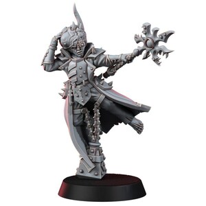 May include: A gray unpainted miniature figure wearing a long coat with spiked shoulder armor and a helmet with a single eye lens. The figure holds a star-shaped weapon in one hand and stands on a pedestal with a chain hanging down.