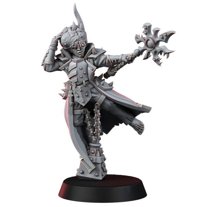 May include: A gray unpainted miniature figure wearing a long coat with spiked shoulder armor and a helmet with a single eye lens. The figure holds a star-shaped weapon in one hand and stands on a pedestal with a chain hanging down.