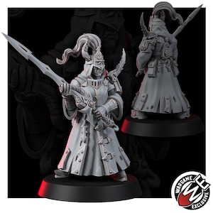 May include: A gray resin miniature figure of a warrior wearing a long coat, armored chest piece, and a helmet with a plume. The figure holds a long spear-like weapon in both hands. A second view shows the back of the figure with a backpack.