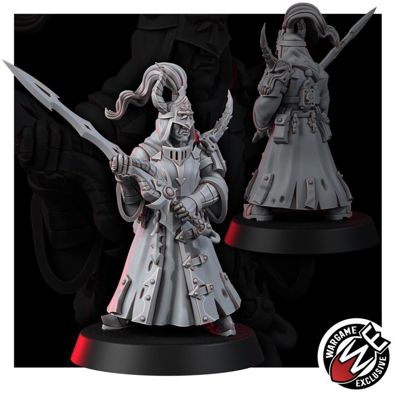 May include: A gray resin miniature figure of a warrior wearing a long coat, armored chest piece, and a helmet with a plume. The figure holds a long spear-like weapon in both hands. A second view shows the back of the figure with a backpack.