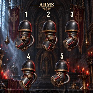 May include: Five black and metallic gold armored shoulder and arm components labeled one through five. Each piece features a weathered finish, a curved shoulder guard, and a red sword emblem on the forearm. The set is displayed against a dark, gothic-inspired background with red banners and candles.