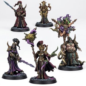May include: A set of five fantasy miniature figurines featuring armored warriors and spellcasters in dark robes. The figures display intricate details including a spear, a staff with a large eye, a skull-topped banner, and purple energy effects.