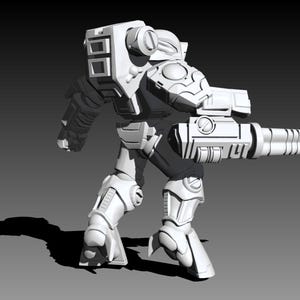 May include: A white, unpainted 3D-printed miniature figure of a futuristic soldier in heavy armor. The figure features a large backpack, a helmet, and a prominent multi-barreled weapon attached to the right arm, standing in a dynamic pose.