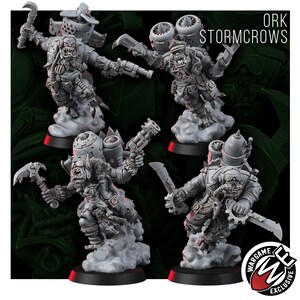May include: Four grey miniature Ork Stormcrows figures in dynamic poses, each equipped with jetpacks, goggles, and various melee weapons or pistols. The figures stand on cloud-like bases, and the text ORK STORMCROWS is visible in the upper right corner.