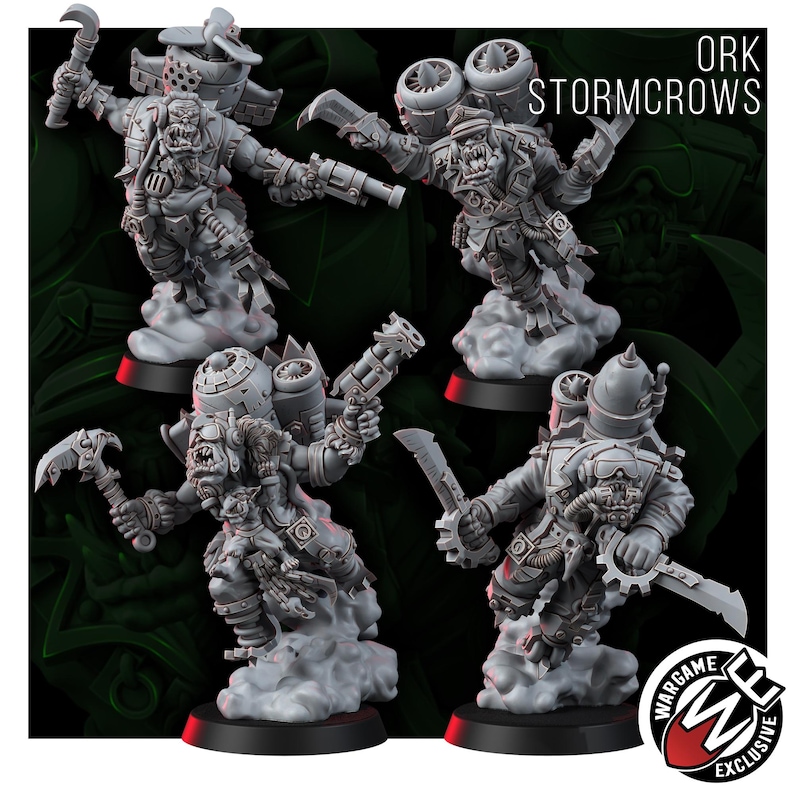 May include: Four grey miniature Ork Stormcrows figures in dynamic poses, each equipped with jetpacks, goggles, and various melee weapons or pistols. The figures stand on cloud-like bases, and the text ORK STORMCROWS is visible in the upper right corner.