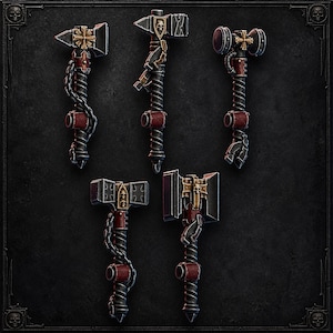 May include: A set of five miniature fantasy weapons including axes and hammers. Each weapon features a dark metallic finish, red leather-wrapped handles, gold-colored cross emblems, and small skull details. The designs include chains and mechanical parts.