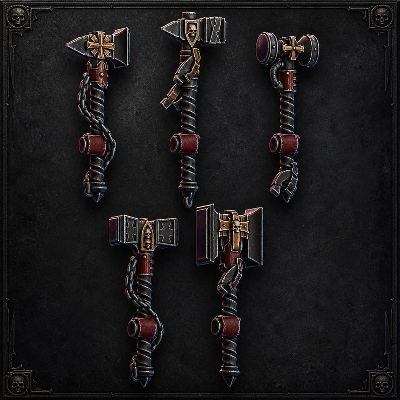 May include: A set of five miniature fantasy weapons including axes and hammers. Each weapon features a dark metallic finish, red leather-wrapped handles, gold-colored cross emblems, and small skull details. The designs include chains and mechanical parts.