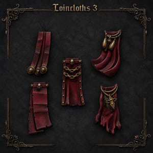 K&ouml;nnte beinhalten: Ein Set aus f&uuml;nf dunkelroten Miniatur-Lendenschurzen mit der Aufschrift Loincloths 3, verziert mit goldenen Metallakzenten, Totenkopfmotiven, Ketten und Zierplatten. Diese modellierten Bauteile weisen unterschiedliche Falten und Texturen auf.