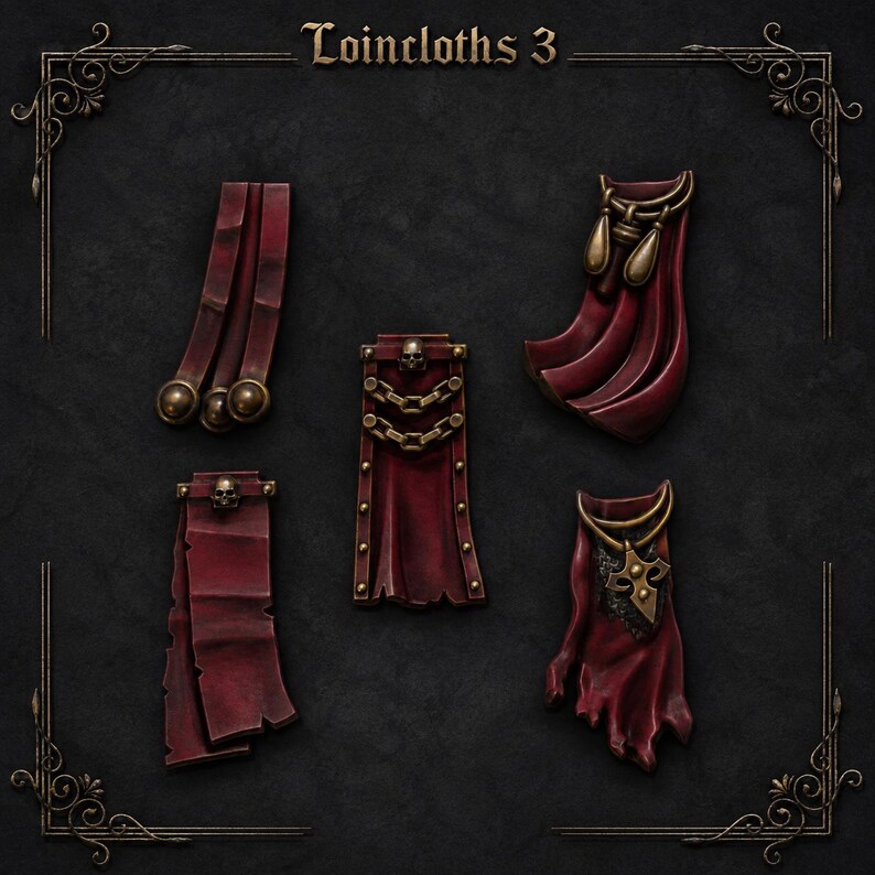 K&ouml;nnte beinhalten: Ein Set aus f&uuml;nf dunkelroten Miniatur-Lendenschurzen mit der Aufschrift Loincloths 3, verziert mit goldenen Metallakzenten, Totenkopfmotiven, Ketten und Zierplatten. Diese modellierten Bauteile weisen unterschiedliche Falten und Texturen auf.
