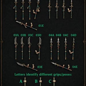 May include: A collection of miniature polearm weapons labeled 01A through 04E, featuring silver-toned blades, ornate shafts with teal and gold accents, and integrated hand components. Text includes 'Letters identify different grips/poses' and 'Mirror objects if you need left/right versions'.