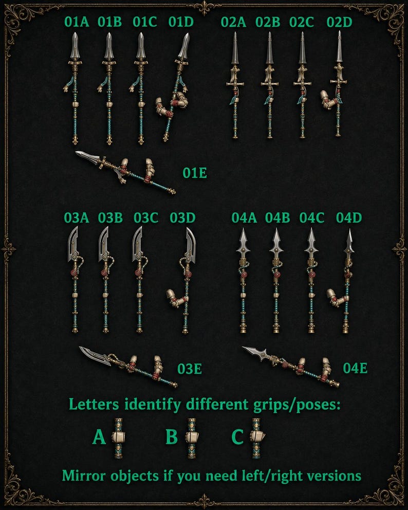 May include: A collection of miniature polearm weapons labeled 01A through 04E, featuring silver-toned blades, ornate shafts with teal and gold accents, and integrated hand components. Text includes 'Letters identify different grips/poses' and 'Mirror objects if you need left/right versions'.