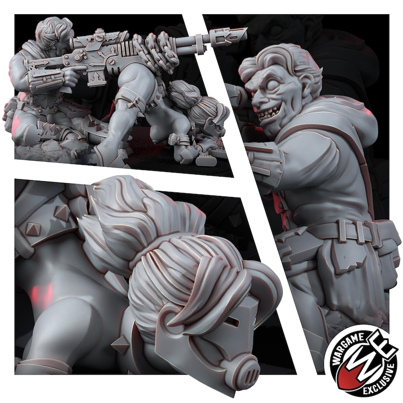May include: A grey resin miniature figure set featuring a character aiming a long-barreled rifle wrapped in chains, alongside a second figure wearing a gas mask. The Wargame Exclusive logo is visible in the bottom right corner of the image.