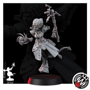 May include: A gray resin miniature figure of a female character with a tail, holding a staff in one hand and a swirling energy effect in the other. The figure stands on a circular base and includes a 57 mm by 25 mm scale reference graphic.