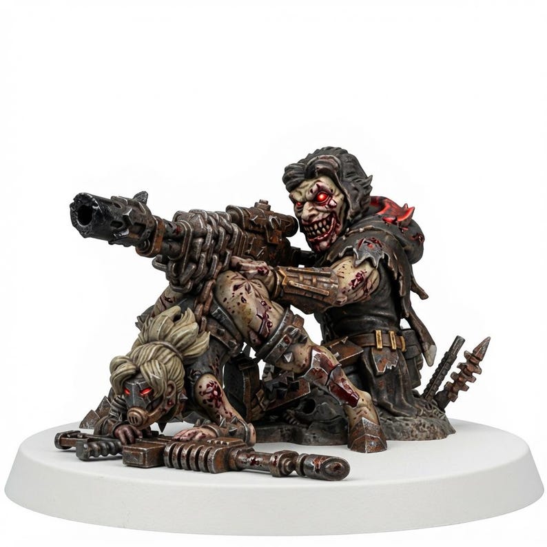 May include: A miniature figurine depicting two figures with pale, blood-splattered skin and glowing red eyes. One figure kneels, aiming a large, dark, metallic rifle, while the other figure crouches in front, also holding a long, dark, metallic rifle.