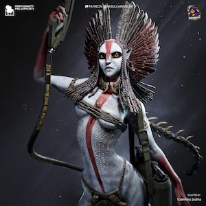 May include: A detailed digital sculpture of a humanoid figure with pale skin, red markings, and elaborate feathered headwear. The figure holds a fuel injection line and wears tribal-style accessories. Text on the image includes "HIGH-QUALITY PRE-SUPPORTS" and "HIGH PRESSURE FUEL INJECTION LINE."