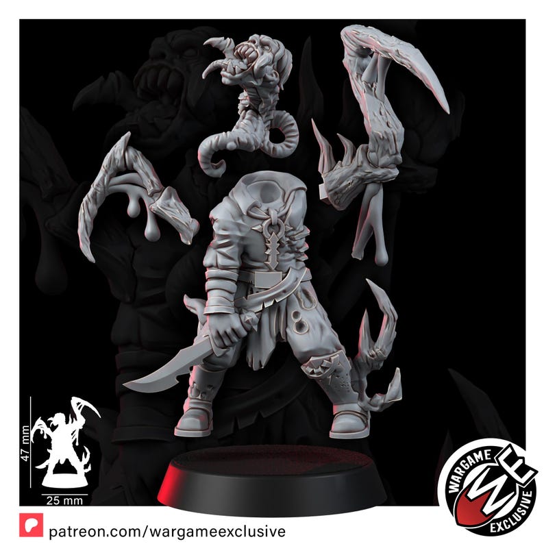 May include: A grey resin miniature figure kit featuring a headless torso with a sword, a separate mutated head with exposed teeth, and two large scythe-like arm attachments. A diagram shows the assembled figure stands 47 mm tall on a 25 mm base.