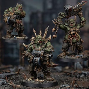 May include: Three green-skinned orc miniature figures standing on circular black bases. Each figure features detailed armor, spiked shoulder pads, and heavy mechanical weaponry. One figure holds a large hammer overhead, while two others carry heavy guns.