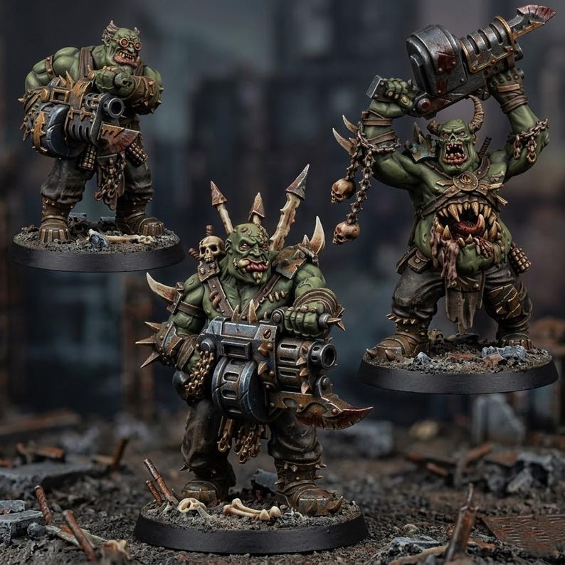 May include: Three green-skinned orc miniature figures standing on circular black bases. Each figure features detailed armor, spiked shoulder pads, and heavy mechanical weaponry. One figure holds a large hammer overhead, while two others carry heavy guns.