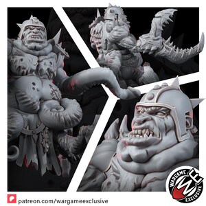 May include: A grey resin miniature of a hulking creature wearing a spiked helmet. The figure features a muscular torso, a tentacle-like arm, and a clawed limb. The creature has a snarling expression with visible teeth and a textured, organic body.